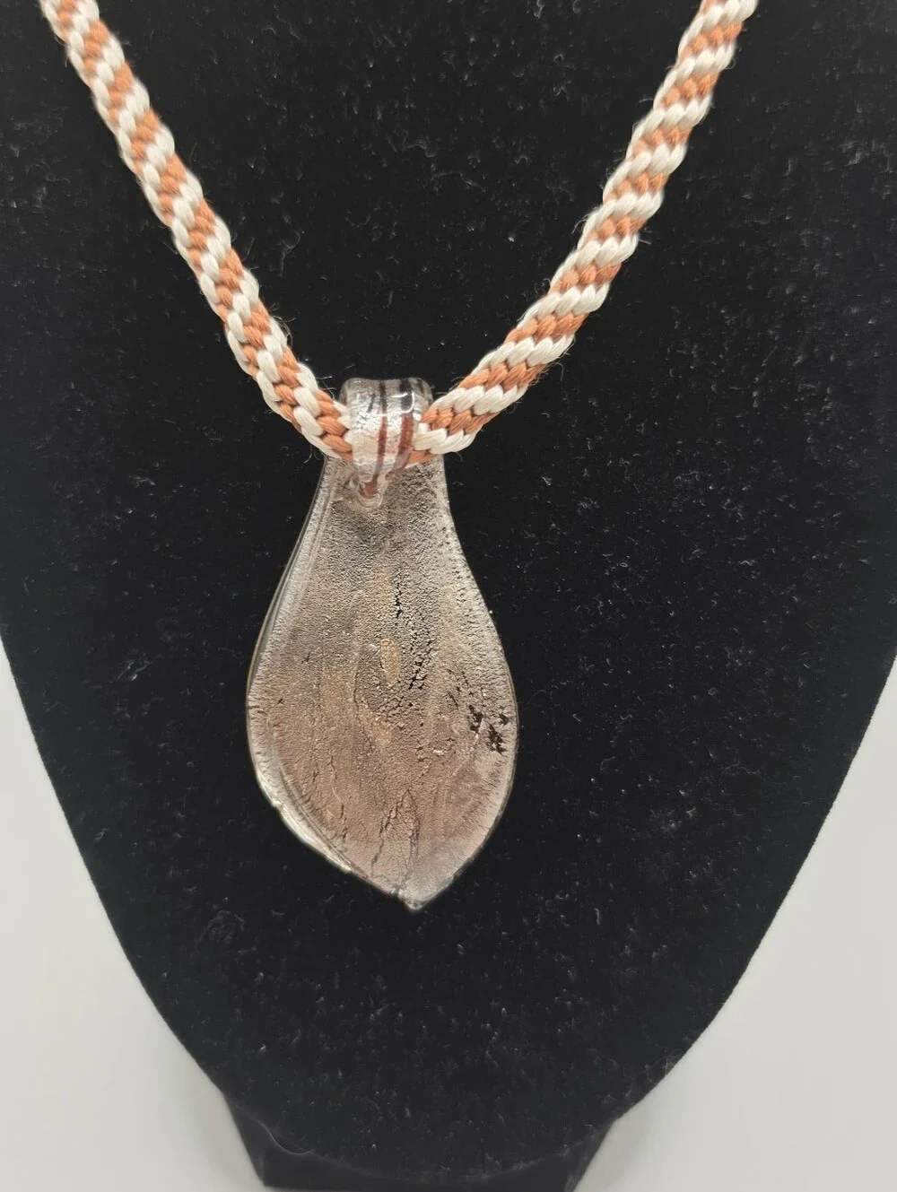 Glass Pendant Necklace Choker Style Braided Cord Chocolate & Glittery Silver